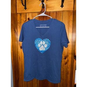 Life is Good T-Shirt Medium‎ V-Neck Blue Love Paw Print Dog Graphic Tee